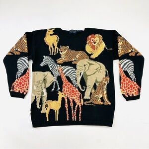 Vintage 90s Animal cotton sweater Womens Medium Safari Jungle African Animals